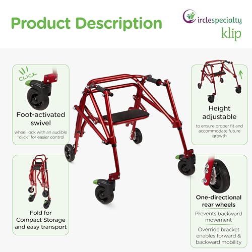 Klip- Lightweight Posterior Rollator Walker/Gait Trainer 4 Wheel - with Flip-Up Seat for Toddlers, Kids, Teens with Special Needs/Cerebral Palsy-Front Swivel Wheels, Height Adjustable, Foldable
