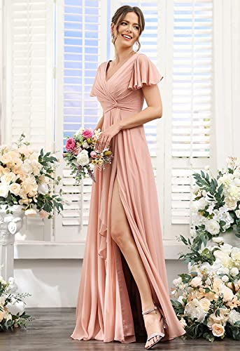 Stylefun Women's V Neck Bridesmaid Dresses with Slit Pleated High Waist Long Formal Dress with Pockets CYM1312