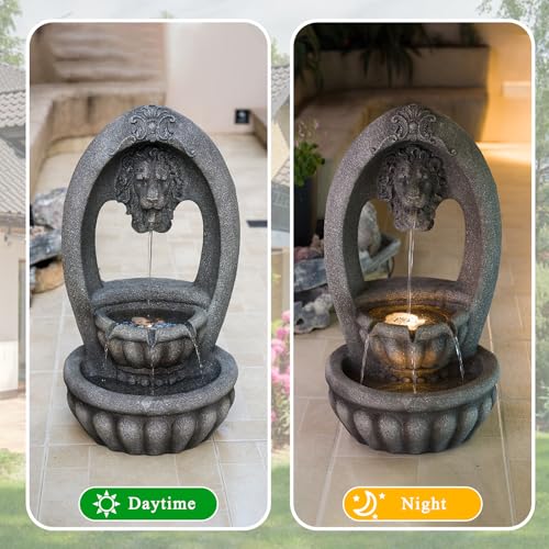 Image of Lion Head 2-Tier Outdoor Water Fountain, Resin & LED, 31.1 in