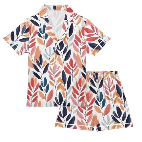 Branches Leaves Summer Satin Pajama Set, Cute Button-Down Sleepwear Pj Set for Sleep Wears