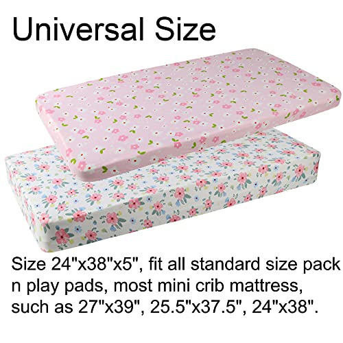 onacosht pack n play playard fitted sheets 2 pack set for baby girl soft stretchy jersey knit portable mini crib mattress cover pink floral