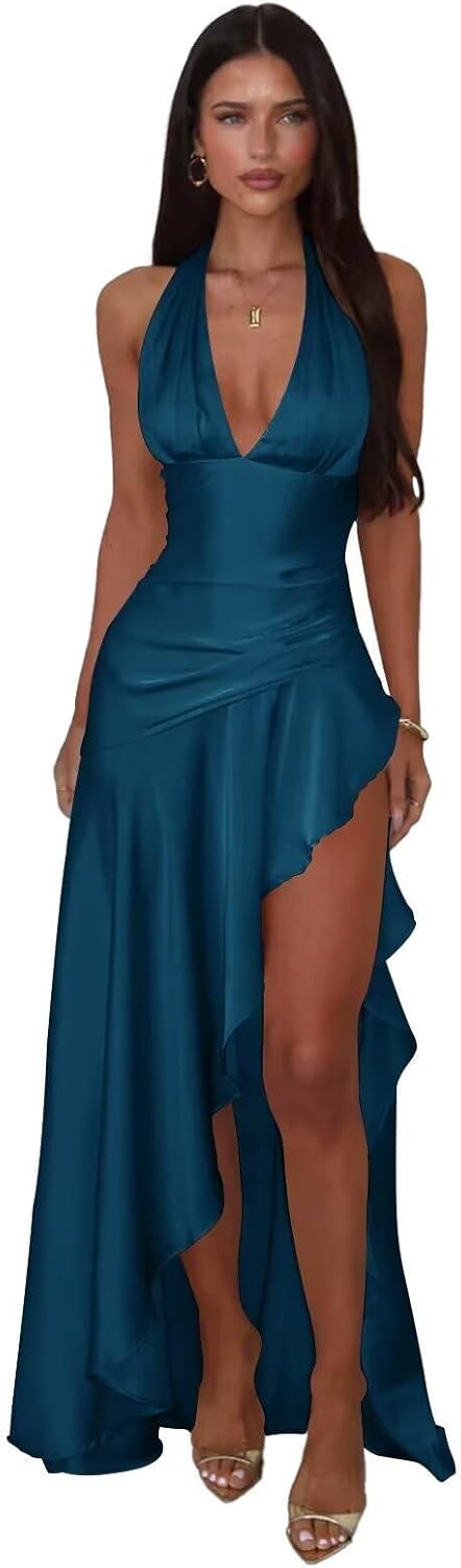 Satin Halter Mermaid Prom Dress High Low Ruffle Formal Evening Party Dress DW50