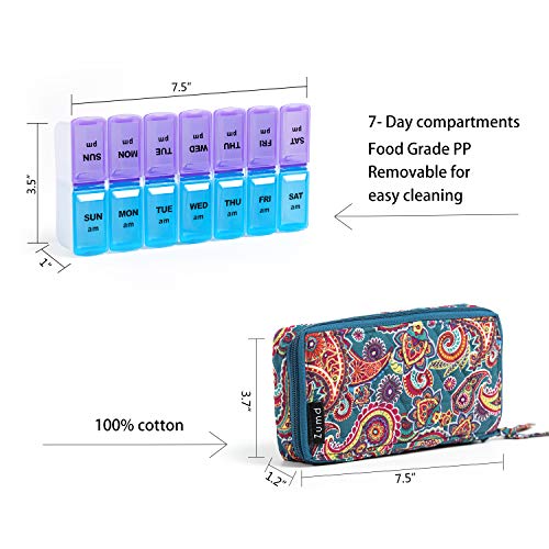 Image of Weekly Pill Organizer 2 Times a Day, Zumd Pill Box 7 Day with Cute Quilted Fabric Zipper Case, Travel Pill Case Am Pm for Vitamin Medicine Organizer