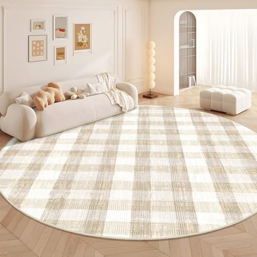 Image of Checkered Area Rug, 9 Ft, Beige | Washable, Non Slip, Modern Neutral, For Living Room Bedroom Office Patio Dining Room