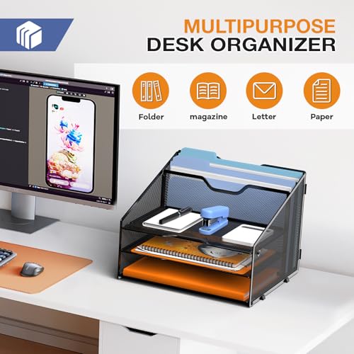 GAWERK Letter Tray Organizer, Mesh Desk File Organizer with 3 Paper Trays and 2 Vertical Upright Section, Blank - Image 5