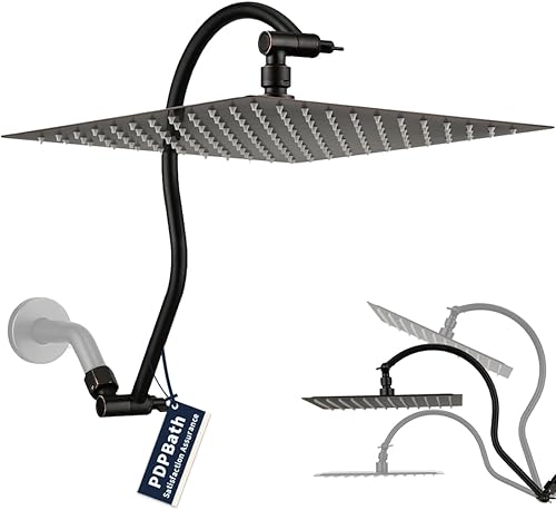 PDPBath Alcachofa de ducha de lluvia de metal de 12 pulgadas con brazo de extensión ajustable de 16 pulgadas, cabezal de ducha cuadrado grande de