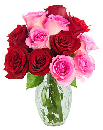 KaBloom PRIME NEXT DAY DELIVERY - Romantic Red and pink Rose Bouquet of 6 Red and 6 Pink Roses with Vase.Gift for Birthday, Sympathy, Anniversary, Thank You, Valentine, Mother’s Day Fresh Flowers
