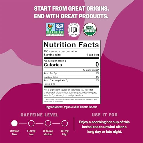 Image of FGO Organic Milk Thistle Tea, 100 Count, Eco-Conscious Herbal Tea Bags, Resealable Bag, Caffeine Free, Packaging May Vary (Pack of 1)