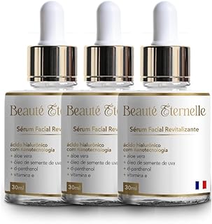 Kit 3 Unidades Sérum Facial Hidratante e Revitalizante Rejuvenescedor Beauté Éternelle 30ml com Ácido Hialurônico, Aloe Vera, Óleo de Semente de Uva, D-panthenol e Vitamina E