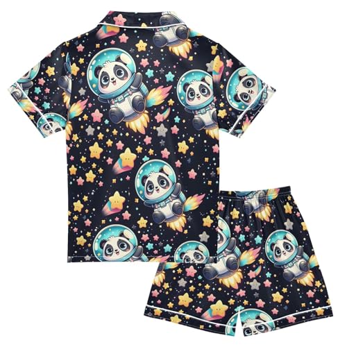 ALAZA Cartoon Space Panda Star Pajamas Satin Pajama Set Short Sleeve Button Down Sleepwear2