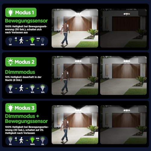 UME Solar-Außenleuchten, 302 LEDs, 1500 lm, wasserdicht, Bewegungsmelder, Außenleuchten, 3 Köpfe… – Ansicht 4