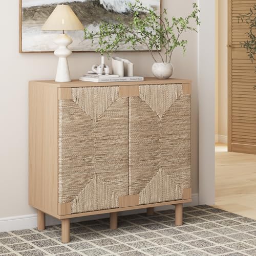 Image of Nathan James Beacon Boho Accent Cabinet with Doors, Free Standing Kitchen Cabinet Storage with Adjustable Interior Shelf and Seagrass Accent, Seagrass /Raw Oak