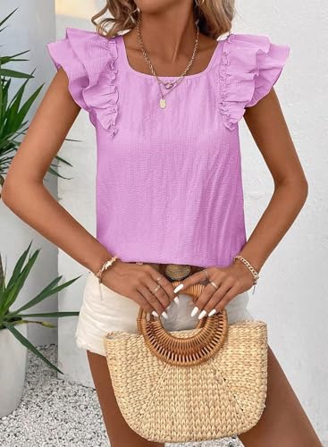 Image of Falechay Womens Bow Tie Back Tops Round Neck Ruffle Short Sleeve Shirts Cute Babydoll Chiffon Tee Women Summer Trendy Tunic