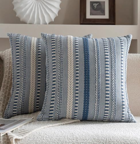 Cethom Boho Throw Pillow Covers 18x18 Inch Set of 2, Farmhouse Decorative Couch Pillow Cases, Blue Accent Pillows of Bed, Sofa Bedroom Living Room Home Decor Cushion Cover