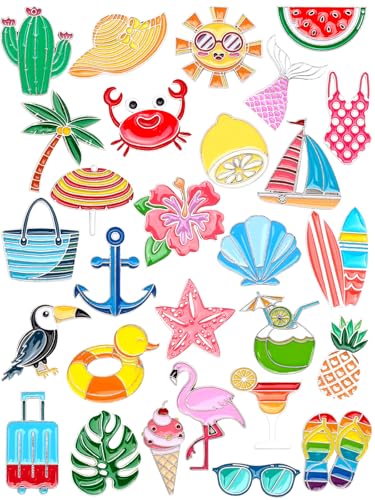 Image of JUNEBRUSHS 28PCS Summer Enamel Pins Cute Hawaiian Beach Brooch Pins for Summer Beach Theme Birthday Party Classroom Favor Supplies Exchange Gift Clothes Hat Accessories