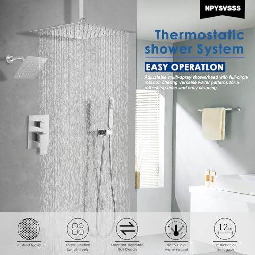 Sistema de Ducha Dual con Ducha de Lluvia de Techo de 12 pulgadas y Ducha de Pared de 6 pulgadas, Kit de Válvula Equilibradora de Presión de 3 Vías, Acabado en Níquel Cepillado miniatura 2