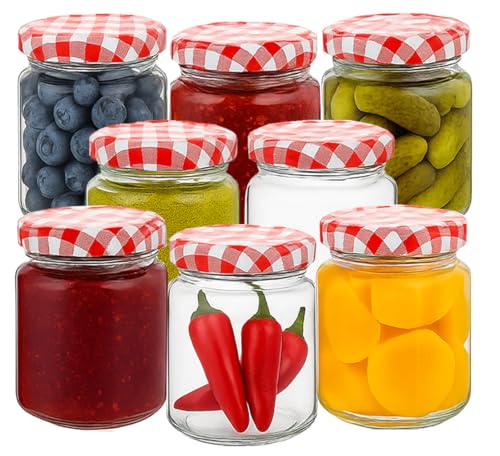 Offer Shop Round Glass Jam Jars with Red Gingham Lids & Adhesive Labels | 190ml / 7oz Glass Jars with Air Tight Twist Lids Reusable Canning Storage Jar for Preserves Jelly and Herbs - 8 Set