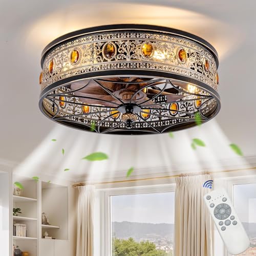 Caged Ceiling Fans with Lights,Vintage Victorian Rustic Crystal Fandelier,Low Profile