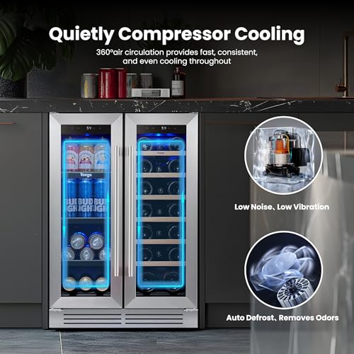 Image of Yeego Wine and Beverage Refrigerator - 24 Inch Dual Zone Wine Fridge 60 Can & 20 Bottle, 36-72F Cooler Built in Under Counter Fridge with Glass Door for Beer Soda Drink Home Bar Office