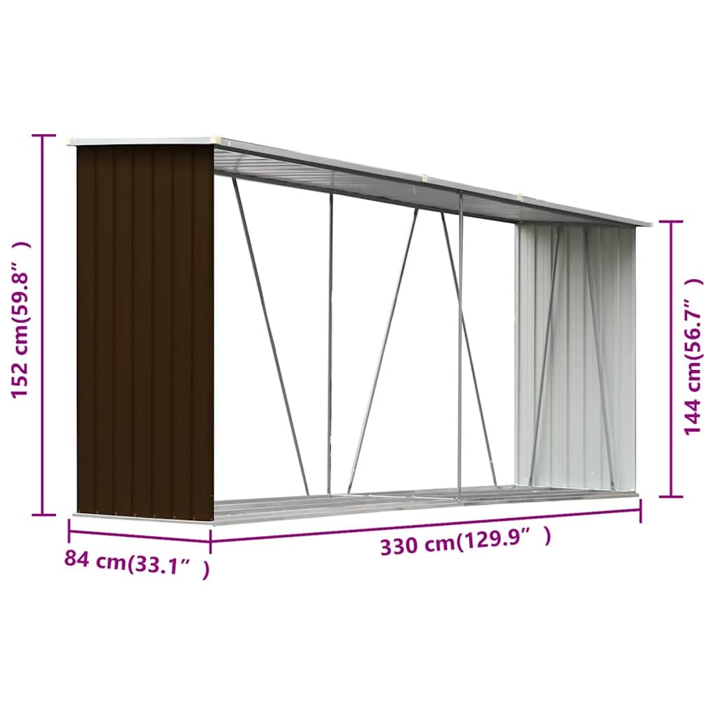 Brennholzlager aus verzinktem Stahl 330x84x152 cm braun Holzlager Kaminholzregal robust wetterfest kompakt für Garten Wohnzimmer Kamin Ofen