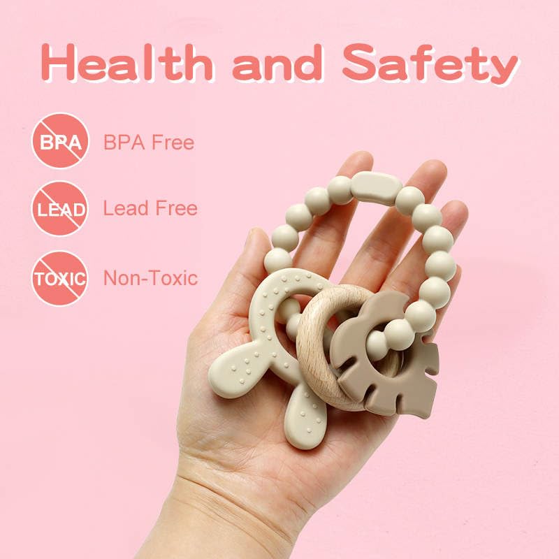Image of | Bohemian Teether | Baby Teether | Sensory Exploration and Teething Relief | 100% Food-Grade Silicone Teether Toy | BPA Free | Chewbeads | Silicone with Beechwood Ring | (Tan)