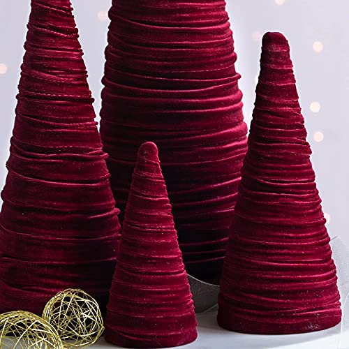 Image of Set of 4 Burgundy Velvet Trees, Elegant Fabric Winter Mantel Decor, Luxurious Artisan Accent, Winter Valentine Tree, Centerpiece (Burgundy)