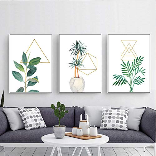 Toile nordique feuille verte motif géométrique frais triptyque 70x100