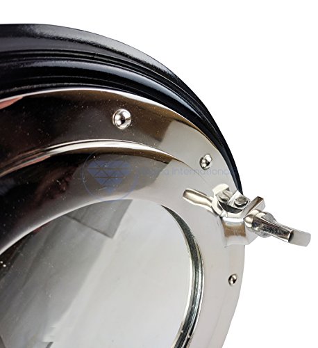 Silvery-White Lustrous Aluminum Metal Nickel Coated Premium Nautical Porthole Mirror On Semi-Gloss Black Wooden Base (12 Inches, Mirror) - Image 9