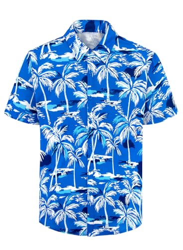 XiaoMoSha Mens Hawaiian Shirts Short Sleeve Wrinkle Free Button Down Summer Casual Shirt for Men Tropical Holiday Beach Funky Party Tops, NavyBlueTree, Small