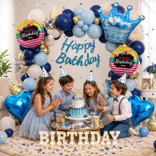 Image of Blue Birthday Decoration Kit for Boys - 46 Pcs Happy Birthday Banner with Crown, Heart & Round Foil Balloons, Prince Theme Set for Birthday Parties Decoration