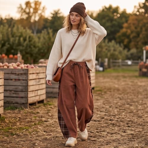 Women's Corduroy Pants Grunge Plaid Patch Work Barrel Pants - image 3