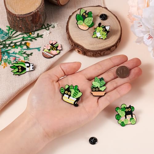 Image of 7Pcs Cat Enamel Pins for Backpacks, Cute Cartoon Black Cat with Green Potted Plant Enamel Brooch Pins, Pet Animal Kitten Brooch Badges for Bags Hats Jacket Clothes Decorative Supplies