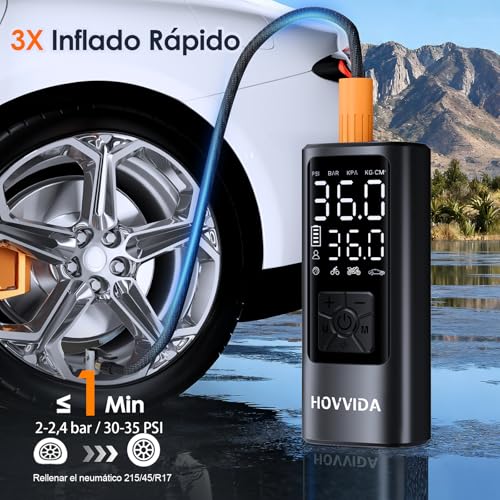 HOVVIDA Compresor de Aire Portatil, Inflador Ruedas Coche 150 PSI (10,3 Bar) 5V, Compresor Aire Coche Bicicleta, Batería Recargable, con LED, para Coche, Moto, Bicicleta, Pelota - imagen 2