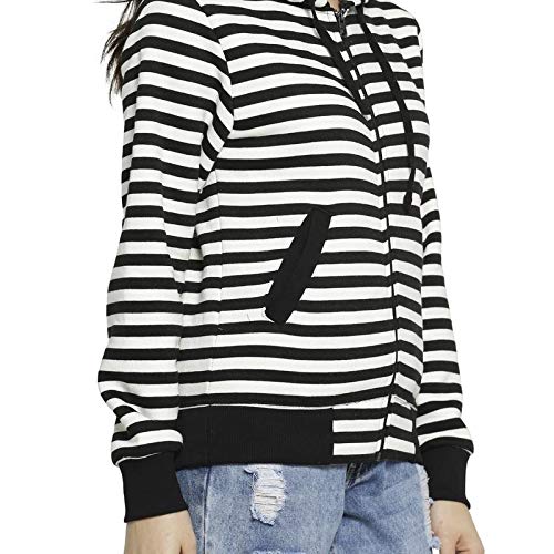 Image of PINACOLADA Women's Grey Zip-Front Horizontal Striped Hoodie for Casual Wear | Hooded Neck | Long Sleeve | Zipper Closure | Cotton Sweatshirt Crafted with Comfort Fit for Everyday Wear