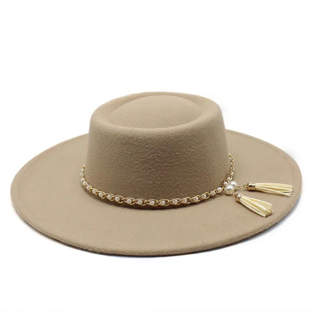 Pegsmio Women's Taupe 8.5Cm Wide Brim Wool Felt Fedora Hat Winter Elegant Formal Dress Church Hats
