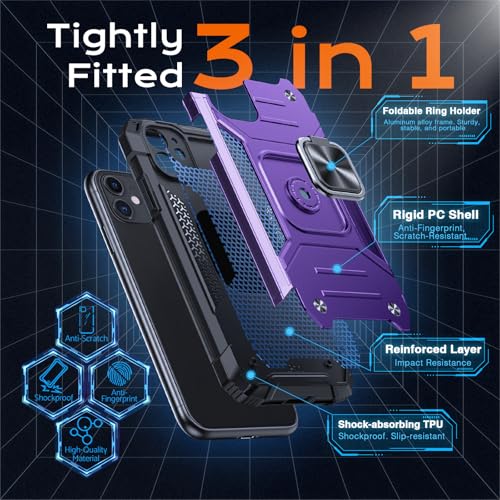 Image of Anqrp Heavy Duty Case for iPhone 11 Case with Enhanced Ring Holder Grip Stand, Military Grade Shockproof Rugged Drop Protective Silicone Hard Slim iPhone 11 Phone Case Cover,Purple