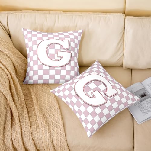 Image of Erosebridal Pink Initial G Throw Pillow Covers 20x20 Set of 2 Kawaii Plaid Checkered Cushion Cover Cute Personalized Monogram Throw Pillow Case for Bed Couch Sofa Fashion Grids Gingham Home Decor
