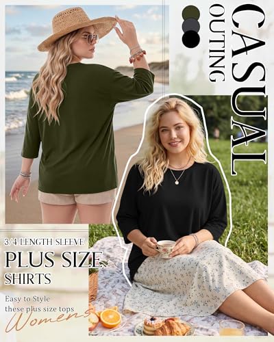 Image of Locoowai 3 Pack Women Plus Size Tops 3 /4 Sleeve Cotton Crew Neck Oversized T Shirts Loose Fit Tee Tunic Casual Blouse