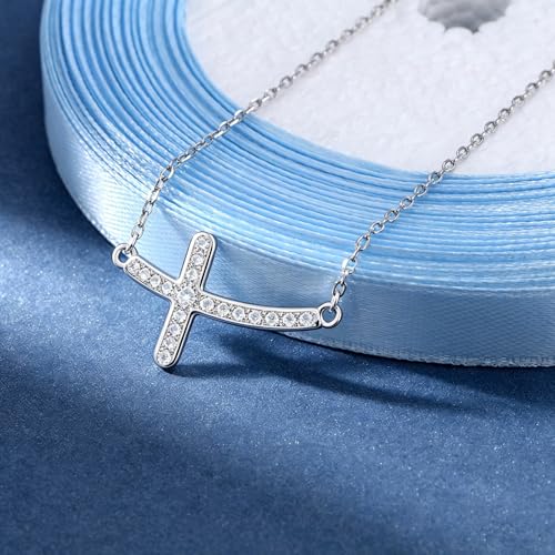 Image of Ladytree 925 Sterling Silver Concise Sideways Cross Pendant Necklace Choker for Women Christian Jewelry