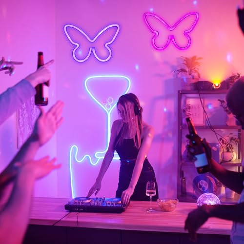 Image of Riakrum 2 Pcs Butterfly Neon Signs LED Lights Decor,Purple, Pink