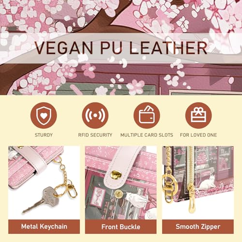 Image of Jogjam Cute Kawaii White Cats Rfid Ladies Wallet, Small Credit Card Women Wallet, Japanese Dessert House PU Leather Bifold Cash Zipper Coin Pocket for Female