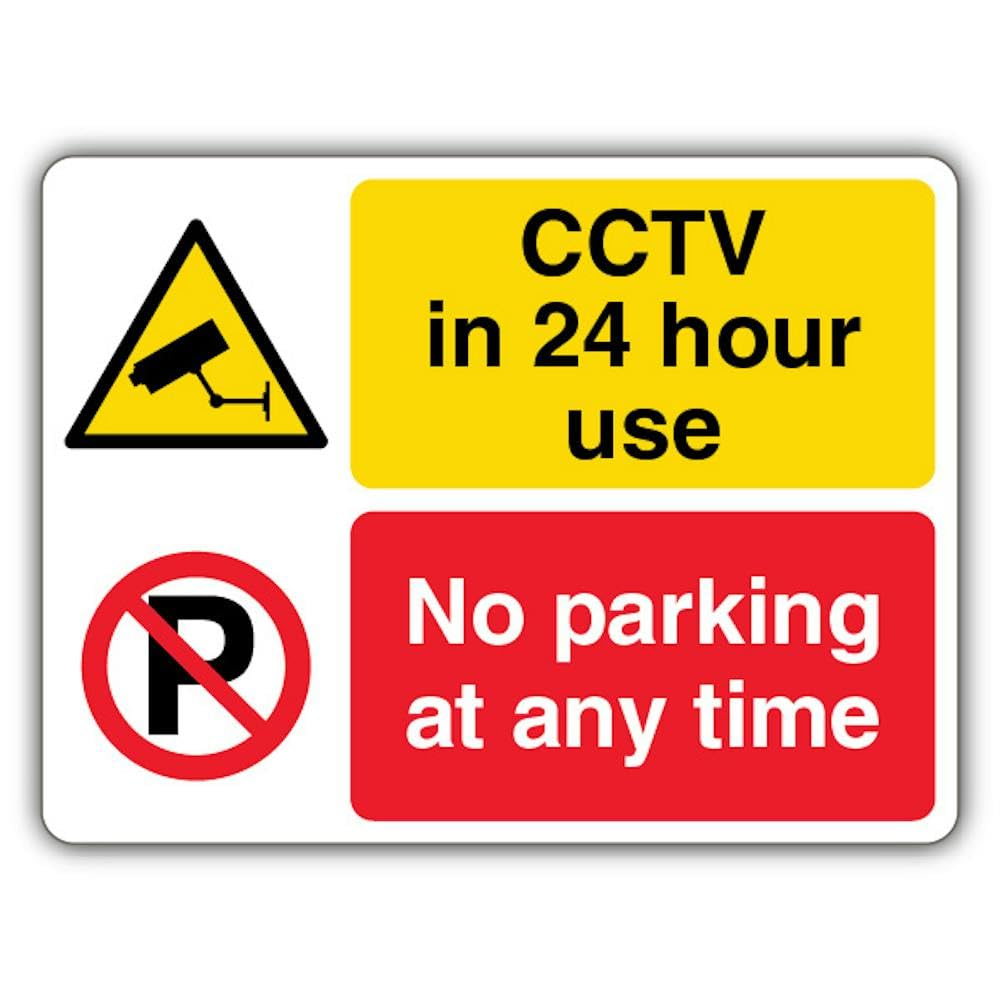 V Safety GloReflect CCTV In 24 Hour Use - No Parking At Any Time Safety Sign - 300 x 225 mm - 1.2mm Rigid Plastic - GloReflect