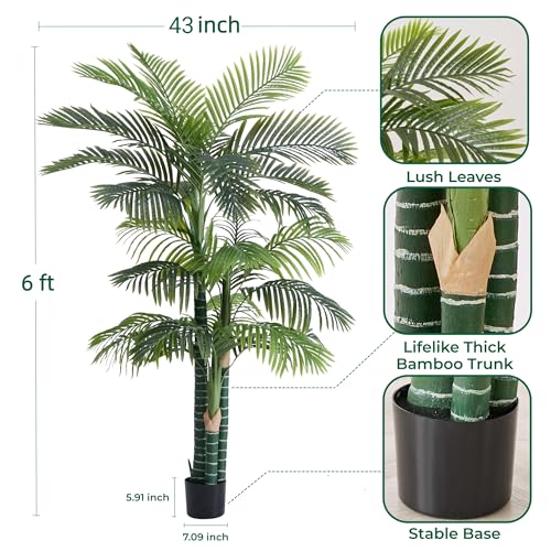 Image of 6FT Artificial Golden Cane Palm Tree, Potted Faux Trees | UV Resistant Indoor /Outdoor Fake Plant with Black Pot, Realistic Tropical Decor for Patio, Living Room, Office