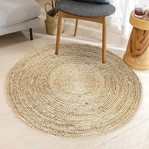 Valooma Jute Teppich, Runder Teppich aus natürlichen Pflanzenfasern, 90-150 cm Boho Teppich Jute, handgeknüpft und umweltfreundlich Cover