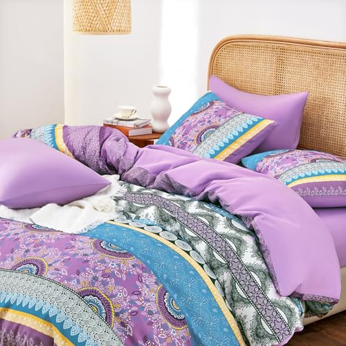 Image of Wake In Cloud - Boho Comforter Set, Bohemian Chic Colorful Medallion with Geometric Botanical Flowers and Horizontal Stripes, Soft Lightweight Bedding, 3 Pieces, Purple, King Size