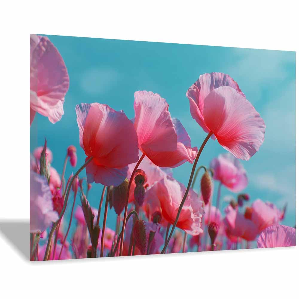 ZAMAEIU Landscape Wall Art Poppy Beds Artwork for Walls, Canvas Prints Paintings Room Decor, for Bedroom Kitchen Office Fireplace Wall Decor(pink)-60x90cm Framed