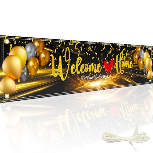 Large Welcome Home Banner Military 6x1.3Ft Welcome Home Yard Sign Decoration Black Gold for Outside Military Homecoming Deployment Returning Party Supplies