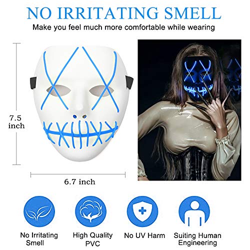 Ansee Scary Mask Halloween Cosplay Led Costume Mask El Wire Light Up Mask for Festival Parties (Purge Mask Blue)