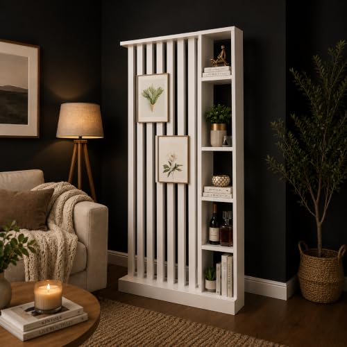 Image of Modern Wooden Room Divider with Storage Shelves | Partition for Living Room & Entryway | Decorative Display Rack with Vertical Slats ((96X48X6))