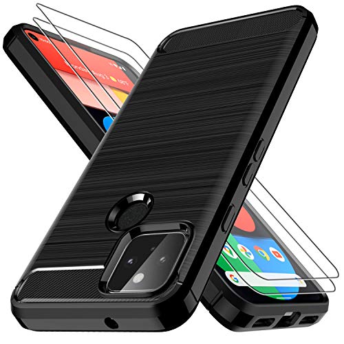LK Case voor Google Pixel 5, [Anti-vingerafdruk] [Slim Fit] Flexibele zachte TPU geborsteld beschermhoes met Screen Protector gehard glas [2 Pack] voor Google Pixel 5 - Zwart